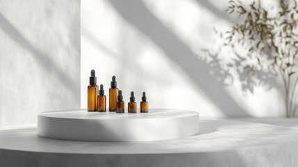 White podium with small glass bottles for serum oils, highlighting a clean and modern beauty display.