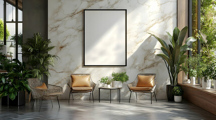 Modern interior with plants and a blank frame on a marble wall.