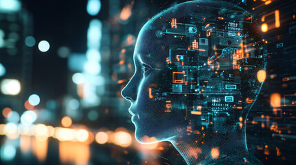 Digital human figure, digital hologram on the head, artificial intelligence helping to collect data in the human brain. Ai expands human mental capabilities.