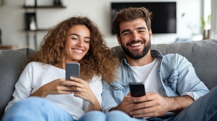 Fototapeta premium A happy couple sitting together on a couch, laughing heartily while holding their smartphones, capturing a moment of shared joy and spontaneous connection.