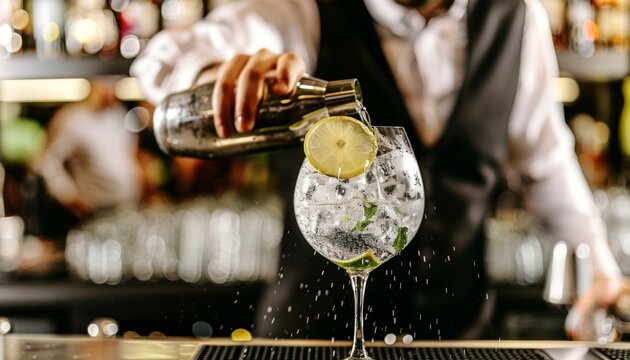 A friendly bartender expertly mixing drinks at a stylish, vibrant bar with a welcoming atmosphere. - Powered by Adobe