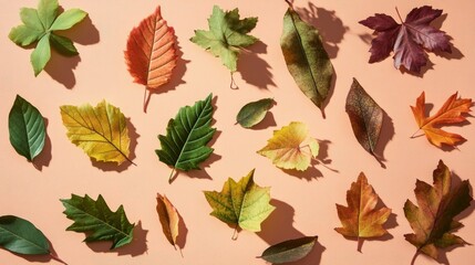 Assorted leaves in fall colors on a peach background, scattered pattern with subtle shadows.