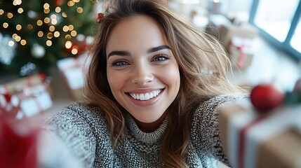 Obraz premium A cheerful woman in a cozy sweater smiles while holding gifts, with a beautifully decorated Christmas tree in the background, creating a festive holiday atmosphere.