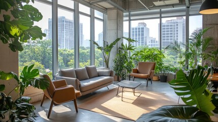 A huge, modern office lounge with a plush couch, lots of windows, tall chairs, lush greenery, and an organized workstation