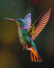 Obraz premium Stunning Close-Up of a Hummingbird in Flight Amidst Vibrant Flowers, Capturing Nature's Beauty and Intricacies, Perfect for Wildlife and Nature Enthusiasts