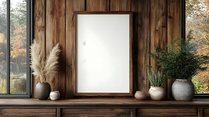 A wooden wall with a blank frame and decorative plants.