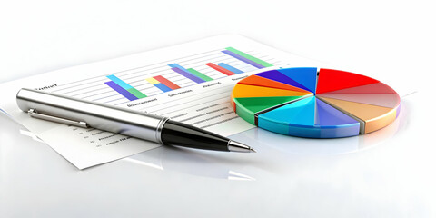 3D Glossy Pen and Paper with Floating Holographic Marketing Strategy Elements and Pie Chart Concept - Ideal for Strategic Marketing Content on White Background