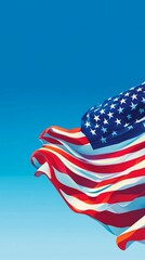 Obraz premium background featuring the American flag, flowing in the wind with space for text, vibrant colors, patriotic, simple and clean design, bright lighting, clear blue sky in the background