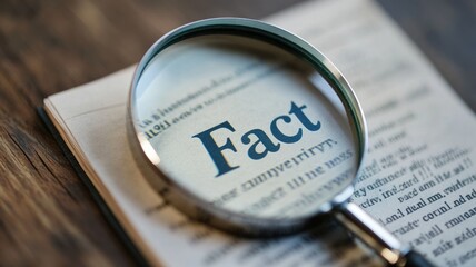 Magnifying glass enlarging word "Fact" on open book page
