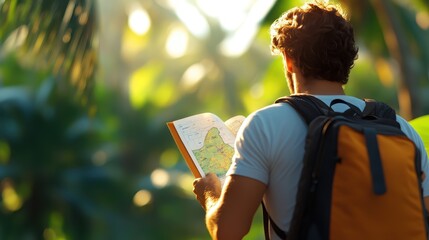 A man wearing a backpack holds a map as he navigates through a vibrant, sunlit forest, epitomizing the spirit of exploration and navigation in nature.