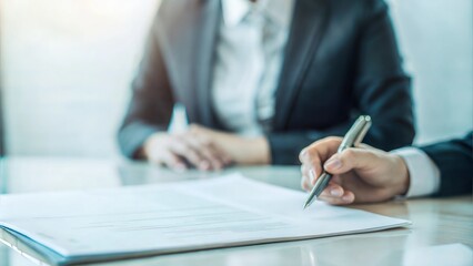 Close-up of an employment contract being signed with job market analysis reports beside it




