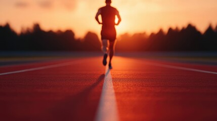 Silhouetted athlete running on an asphalt race path at sunset symbolizing the beginning of a new journey and challenge  The deep depth of field creates a sense of depth and grandeur