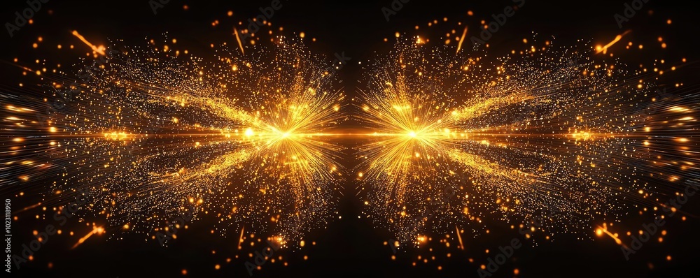 Poster A stunning display of golden sparks and light rays exploding against a dark background, creating an ethereal visual effect.