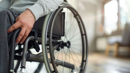 Obraz premium Empowered Living, a close-up of a person in a wheelchair engaging with a smart home system, showcasing modern design and the independence technology provides in daily life