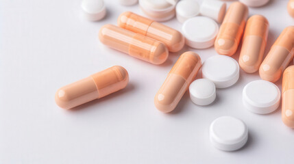 Calcium Supplements for Bone Health, close-up view of tablets with bone health icons, clean white background, ample copy space for informative text or branding.