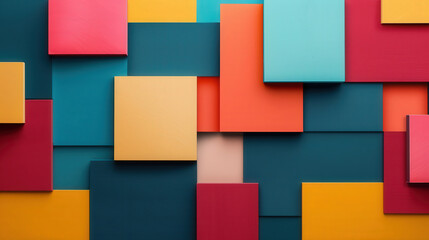 Vibrant Geometric Play, a lively composition of colorful blocks arranged in an abstract design, showcasing dynamic shapes and bright hues for an energetic visual experience.