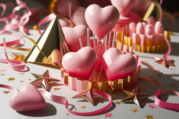 A table covered in pink decorations with three hearts and a gold star. The table is covered in pink streamers and the hearts are shaped like balloons