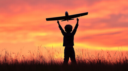 夕焼けの丘で飛行機を掲げる少年のシルエット