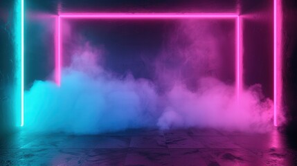 Neon Smoke Sanctuary, an empty dark room filled with swirling blue and pink smoke, illuminated by vibrant neon lights and an eerie ultraviolet glow, creating a surreal atmosphere.