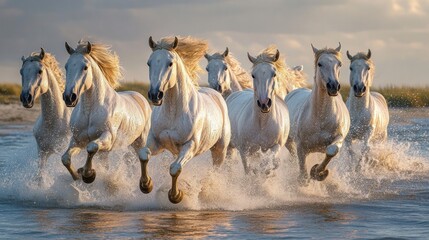 Running out of the water are the white horses of the Camargue in France.
