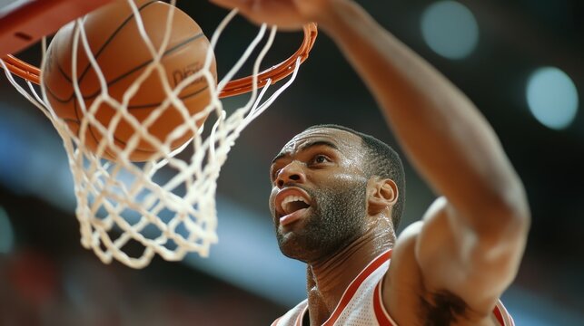 Basketball player in motion during an engaging game, showcasing athletic prowess and determination to achieve victory in a sports arena.