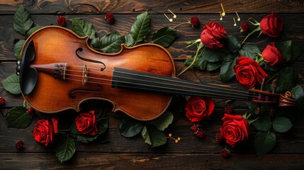 Fototapeta premium violin with roses on a dark wooden background