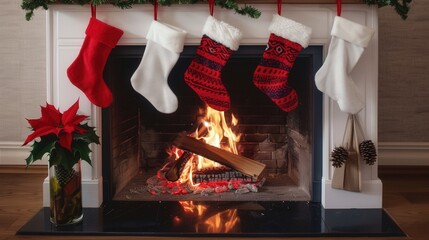 Cozy Christmas Fireplace, a warm hearth adorned with colorful stockings, flickering flames casting a gentle glow, inviting warmth and festive cheer on a joyful holiday morning