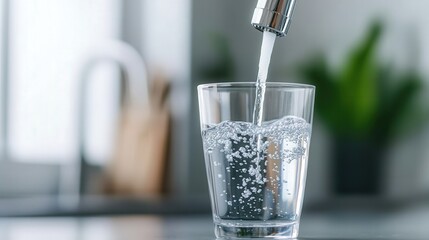 Refreshing water cascades into a glass cup in a sleek, modern kitchen, embodying the essence of hydration and cleanliness in contemporary living spaces