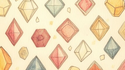 A colorful illustration of various geometric gems and crystals on a light background.