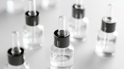 Close-up of clear serum bottles with droppers, isolated on white, modern and refined aesthetic.