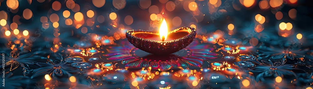 Poster a vibrant diya illuminates a colorful pattern, surrounded by twinkling lights, symbolizing joy and c