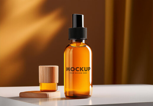 Amber Cosmetic Dropper Bottle Mockup on a Golden Hour Light with Generative AI