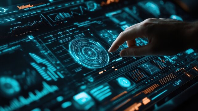 Futuristic touchscreen with data charts and graphs electronics hardware monitor.