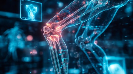 Transparent skeleton showing knee injury, medical holograms floating around, neon blue light emphasizing futuristic pain relief technology, Sci-fi, Neon