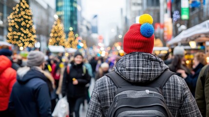 A vibrant winter street festival scene featuring a person with a colorful hat, Christmas trees with lights, and a large crowd in an urban setting during the day.