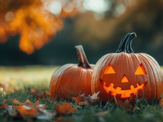 Spooky pumpkins on grass with autumn leaves
