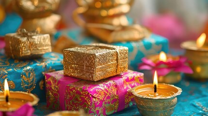 Colorful gifts and glowing candles create a festive atmosphere perfect for celebrations and special occasions.