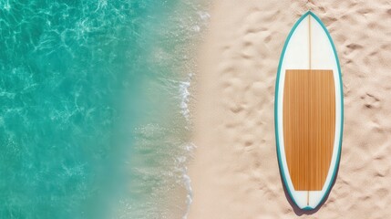 Vibrant Surfboard on Sandy Beach, showcasing summer sports energy, inviting atmosphere, wide area for text, perfect for promotions or events related to beach activities