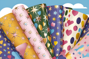 Obraz premium A collection of colorful paper with stars and hearts. The paper is arranged in a row, with each piece having a different pattern and color. Scene is cheerful and festive