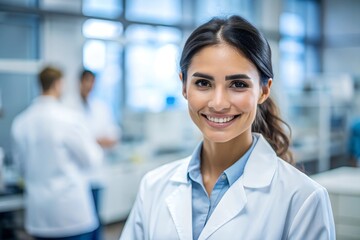 Fototapeta premium Young female scientist wears white lab coat, smiling at camera in laboratory setting. Dark hair, blue shirt, pro attire. Blurred background emphasizes presence, neutral gray tones create