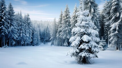 Naklejka premium Serene Winter Forest, a tranquil snowy landscape featuring a prominent tree in the foreground surrounded by a quiet, frosted woodland setting.