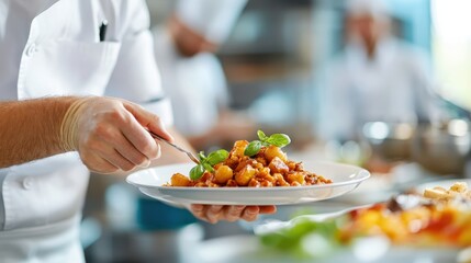 A chef skillfully plates a gnocchi dish in a professional kitchen, focusing on the arrangement and presentation, showcasing attention to detail and culinary expertise.