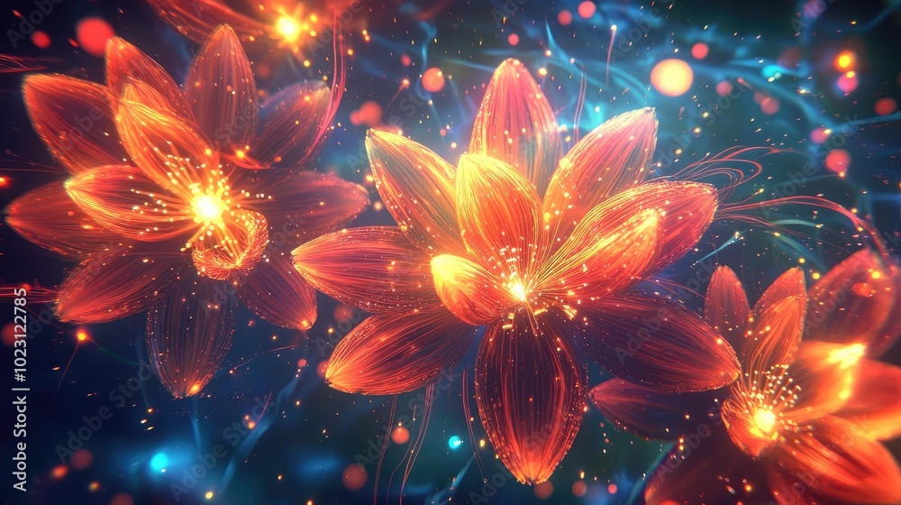 Aufkleber vibrant digital flowers bloom with radiant colors and sparkling lights, creating an enchanting visua
