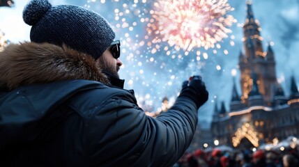 A person in a warm jacket and beanie captures the moment during a vibrant fireworks display over a winter-themed, castle-like backdrop, evoking a festive atmosphere.