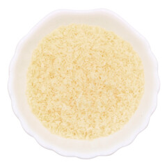 Dry coconut flakes in a round bowl on transparent background. Baking ingredient. Isolated PNG