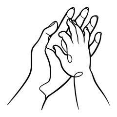 Mother and child hands continuous line illustration. One line drawing of adult and young palm hand holding with love vector.