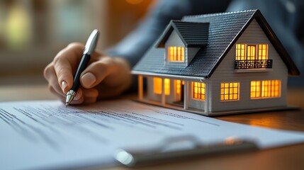 A close-up of a person signing a real estate contract next to a model house, symbolizing property ownership and investment.