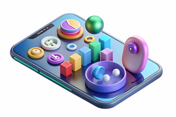 High Angle Shot of a Glossy Smartphone Screen with Floating Holographic Social Media Icons and Analytics on a Clean White Background for Social Media Marketing Concepts