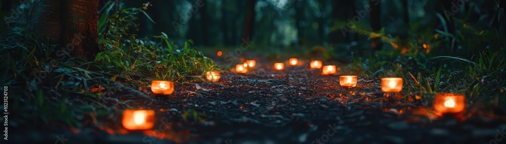 Poster A serene forest path illuminated by flickering candles, creating a magical and tranquil atmosphere in nature.