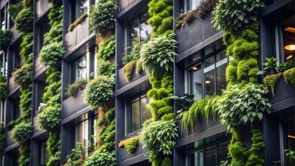 Naklejka premium Close-up of a vertical garden wall in an eco-friendly office, highlighting nature's integration with architecture.